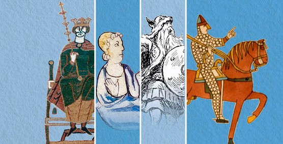 A collage of four images, depicting four different kings against a blue background