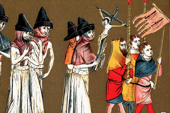 This 19th-century chromolithograph depicts flagellants in Tournai in 1349, publicly scourging themselves in response to the Black Death. Known as the Brothers of the Cross, such groups believed self-punishment could help cleanse society of divine wrath.