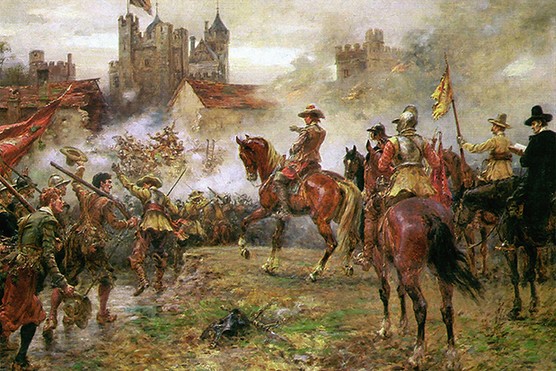 A 19th-century painting of Oliver Cromwell and the New Model Army storming Basing House in 1645 (Photo by Artepics/Alamy Stock Photo)