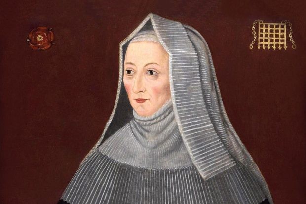 A painting of a woman in a black dress and grey hood, holding a small maroon Bible in her hands