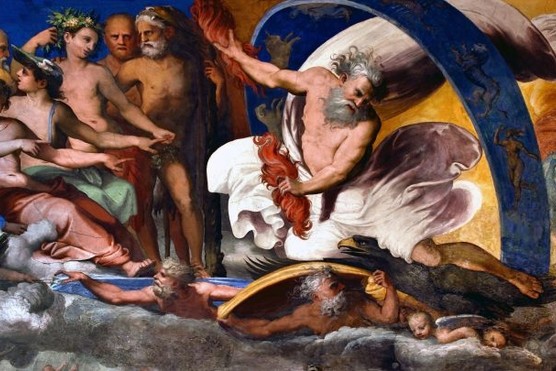 Zeus, king of the ancient Greek gods, seen in a 16th-century fresco by Pietro Bonaccorsi at Villa del Principe in Genoa, Italy