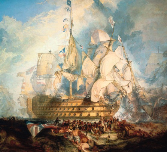 A painting of a ship with several white sails and flags on it. In front of the ship, there are large crowds of people in small boats
