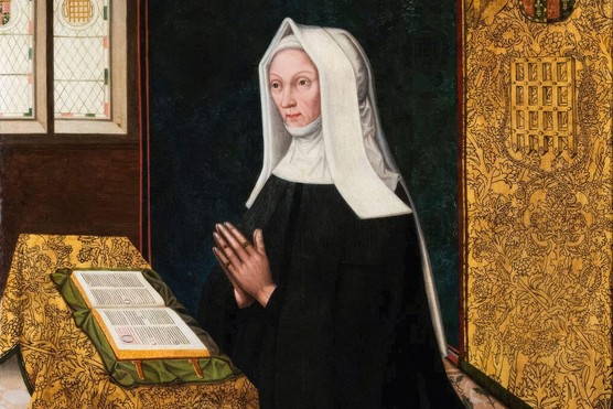 A portrait of Margaret, painted c1510. She was apart from her son for most of his young life, but strove to restore his earldom of Richmond (Image by Alamy) A woman wearing a black dress and white hood, praying in front of a Bible