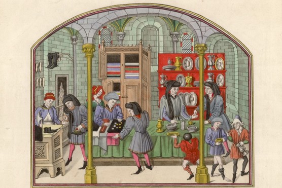 c1450: A French 15th-century covered market showing silversmiths, cobblers and drapers selling their wares. Original artist: Bibliotheque de la Ville de Rouen. (Photo by Hulton Archive/Getty Images) A French 15th-century covered market