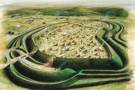 Aerial view reconstruction drawing of Maiden Castle