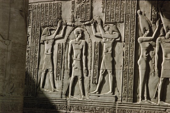 The cleansing of King Ptolemy XII by the gods. (Photo by AKG Images) Relief, Ptolemaic period. Kom Ombo (Upper Egypt), shrine for two gods: Sobek and Haroeris, front hall.