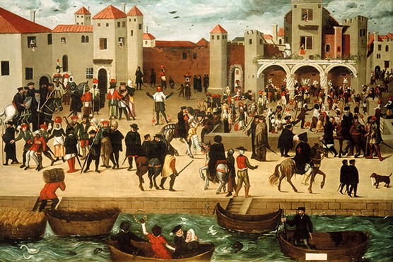 A painting of Lisbon depicts conspicuous displays of Portuguese imperial wealth and power – including enslaved African people