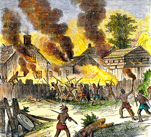 A joint Franco-Native Indian raid left 56 residents of Deerfield, a small township in north-western Massachusetts, dead. (Alamy) A joint Franco-Native Indian raid left 56 residents of Deerfield, a small township in north-western Massachusetts, dead. (Alamy)