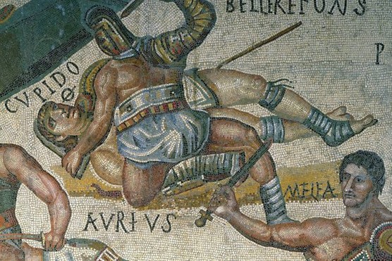 Gladiators do battle in a c320 AD mosaic, housed in the Borghese Gallery in Rome