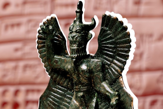 ancient-mesopotamian-vampire-demon A statue of an ancient Mesopotamian demon stands before a backdrop of cuneiform text, evoking the richly layered world of ancient Near Eastern religion.