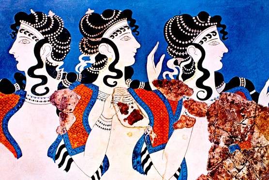 This striking wall painting, known as The Blue Ladies, comes from the Minoan palace at Knossos on Crete. Dating to around 1600 BC, the fresco reflects the sophistication of Minoan art and offers rare insight into fashion and ceremonial life in the Bronze Age Aegean.