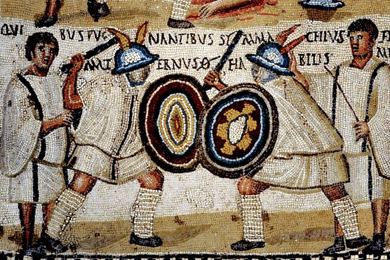 This 3rd-century AD Roman mosaic shows two murmillones — gladiators named Symmachus and Maternus — locked in combat as their trainers watch from the arena’s edge.