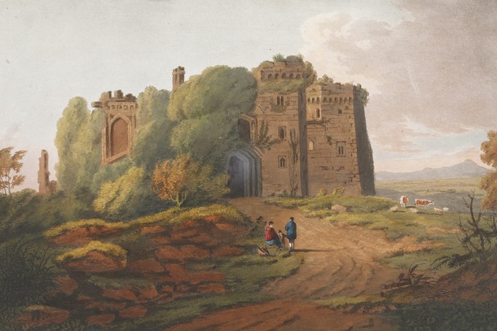 A painting of a large stone castle, with trees in front of it and a large path leading up to it
