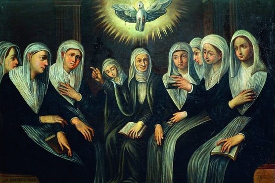 St. Angela Merici explaining rules to eight sisters at founding of Ursuline Order, 17th century.