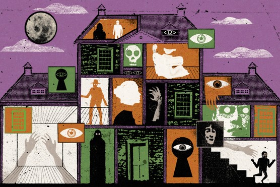 An illustration of a haunted house. The background is black and purple, and the house is split into orange, green, black and white boxes. In each box, there are Halloween themed things such as skulls, ghosts, and eyes looking through keyholes