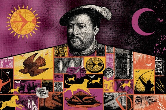 A large illustration of Henry VIII with several images imprinted on him