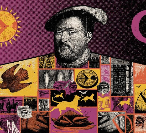 A large illustration of Henry VIII with several images imprinted on him