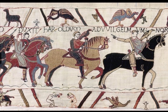 A scene from the Bayeux Tapestry depicting a naked man with an erection reaching out towards a naked woman, who is covering both her face and her pudenda with her hands. (© Bayeux Museum) A scene from the Bayeux Tapestry depicting a naked man with an erection reaching out towards a naked woman, who is covering both her face and her pudenda with her hands. (© Bayeux Museum)