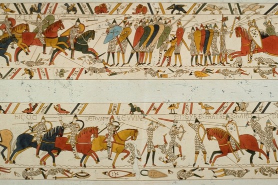 A scene from the Bayeux Tapestry depicting the Norman invasion of 1066. The tapestry was most likely embroidered by women in Norman England in a workshop setting using four embroidery stitches – stem stitch; split stitch; chain stitch; and laid work, sometimes called ‘Bayeux Stitch’, says Dr Alexandra Lester-Makin. (Photo by Hulton Archive/Getty Images) A scene from the Bayeux Tapestry depicting the Norman invasion of 1066. The tapestry was most likely embroidered by women in Norman England in a workshop setting using four embroidery stitches – stem stitch; split stitch; chain stitch; and laid work, sometimes called ‘Bayeux Stitch’, says Dr Alexandra Lester-Makin. (Photo by Hulton Archive/Getty Images)
