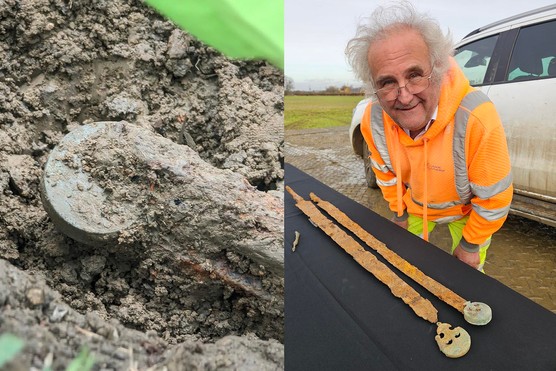 Archaeologist Buzz Busby alongside two Roman swords.