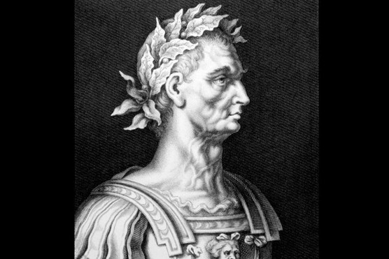 Black and white image depicting engraving of Julius Caesar.