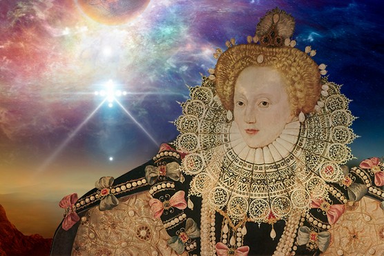A graphic of Queen Elizabeth I, with a night sky graphic