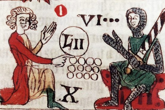A c1300 depiction of a man paying taxes