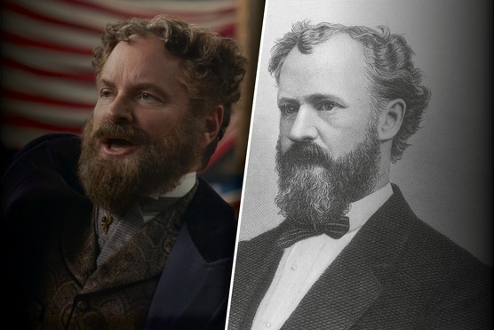 Shea Whigham as Roscoe Conkling in the Netflix series Death by Lightning, beside a portrait of the real Conkling.