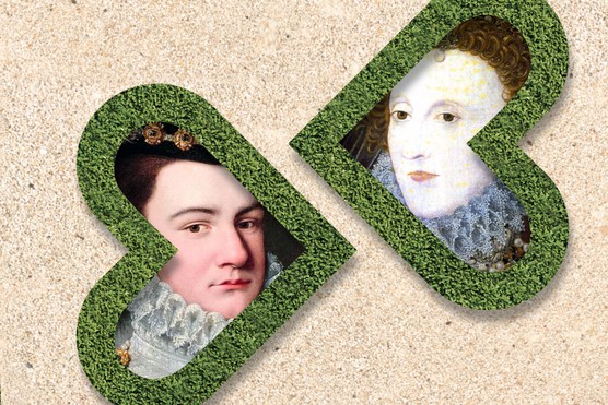 Two green hearts are sideways, facing each other. In each there is an image: one has a painting of Elizabeth I and the other has a painting of the Duke of Anjou