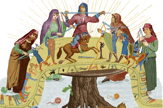 An illustration shows five women in colourful headscarves sewing a large piece of cloth with soldiers and horses on it