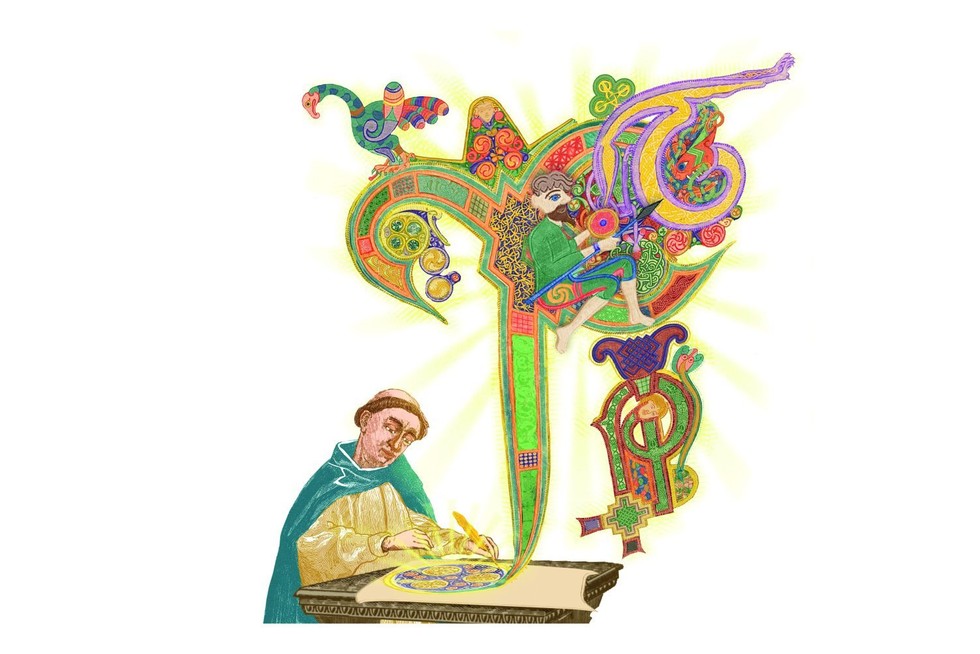An illustration of a monk writing on a large piece of parchment, with colourful and dramatic scenes spilling out of the pen