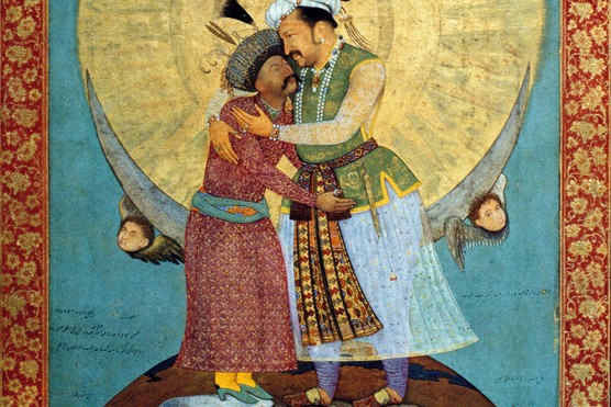 A painting of two men, dressed in colourful robes, hug each other. One man is standing on top of a lamb, the other on a lion
