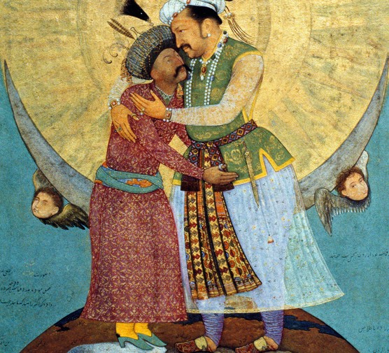 A painting of two men, dressed in colourful robes, hug each other. One man is standing on top of a lamb, the other on a lion