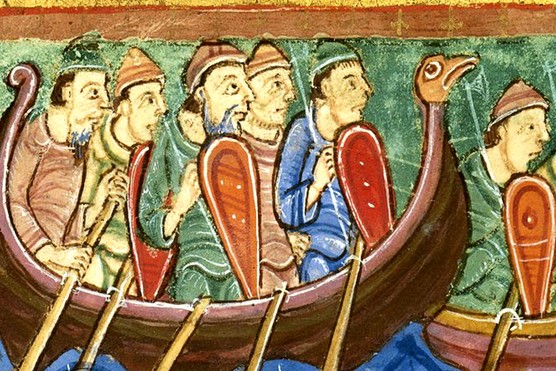 This illustration depicts Viking ships arriving in Britain. Though produced centuries after the earliest raids, it reflects how the impact of Norse invasions remained vivid in medieval memory and manuscript culture.