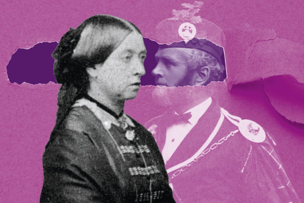 To the left, there is a black and white image of Queen Victoria. She is dressed in dark clothing and has her hair partially pulled back by a black fastening. Facing her, on the right is an image of John Brown, a bearded man wearing military uniform and a hat. Over them, there is a pink treatment with a rip in it