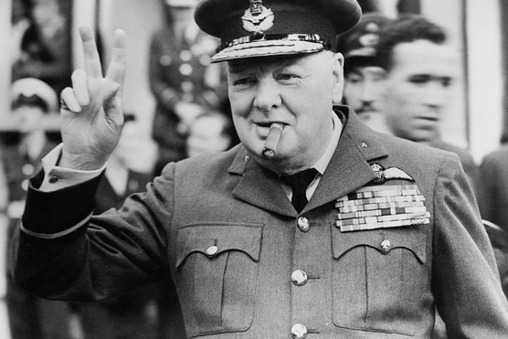 Winston Churchill gives his famous v-sign. (Photo by Central Press/Hulton Archive/Getty Images)