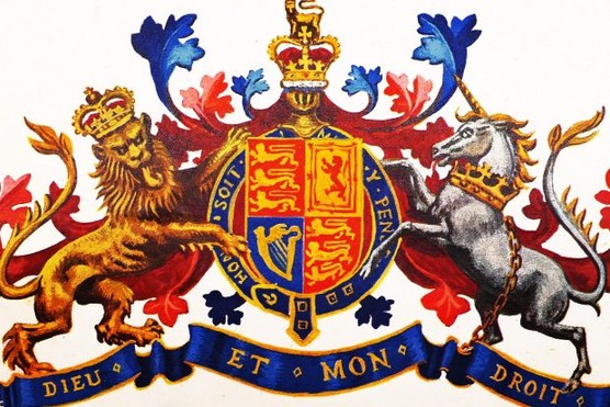 Shield of the English version of the British royal coat of arms, with the motto 'Dieu at Mon Droit'