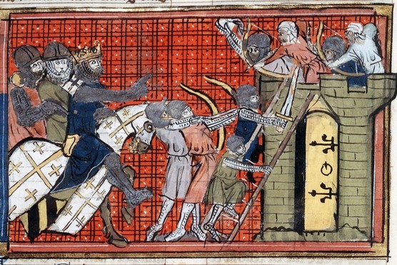 c1754: Siege of a town led by Godefroy de Bouillon (c1060-1100) 1st Crusade (1095-1099), showing Saracens firing arrows at Crusaders as they attempt to scale the walls. From manuscript of Roman de Godefroy de Bouillon. (Photo by Universal History Archive/Getty Images) c1754: Siege of a town led by Godefroy de Bouillon (c1060-1100) 1st Crusade (1095-1099), showing Saracens firing arrows at Crusaders as they attempt to scale the walls. From manuscript of Roman de Godefroy de Bouillon. (Photo by Universal History Archive/Getty Images)