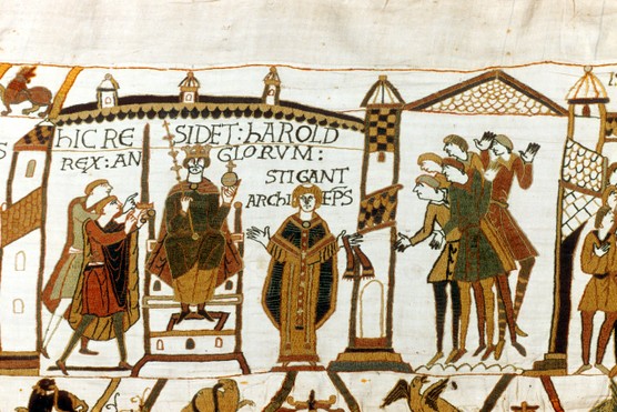 Harold Godwinson is proclaimed king of England in the Bayeux Tapestry. It may have been commissioned by a Norman but this magnificent artwork repeatedly acknowledges the English leader’s piety and courage. (Photo by Universal History Archive/Getty Images) Harold Godwinson is proclaimed king of England in the Bayeux Tapestry. It may have been commissioned by a Norman but this magnificent artwork repeatedly acknowledges the English leader’s piety and courage. (Photo by Universal History Archive/Getty Images)