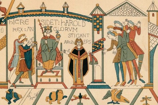 The coronation of Harold Godwinson as depicted in the Bayeux Tapestry
