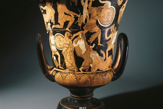 This red-figure pottery depicts a story involving Helen of Troy. Greek tragedies posed their audiences an awkward question: what would you do if you were in a similar situation? Meanwhile, comedy gave satirists a channel through which to cut Athens' political heavies down to size. (DEA/G.NIMATALLAH/De Agostini/Getty Images)