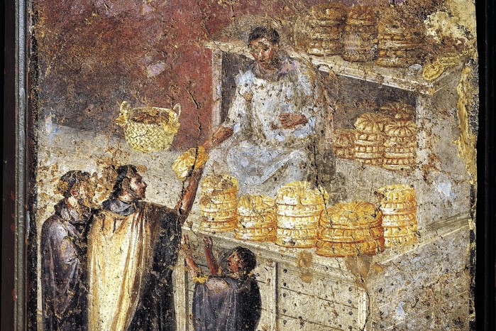 Ancient Roman fresco with donation of bread, 1st Century This 1st-century AD Roman fresco shows loaves being distributed to members of the community, reflecting the importance of public grain and bread handouts in daily life.