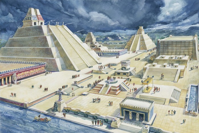 This colour illustration reconstructs the ceremonial heart of Tenochtitlan, with the twin pyramids of the Templo Mayor rising above the city. At its 15th-century height, the Aztec capital was a vast island metropolis of temples, marketplaces, and canals.