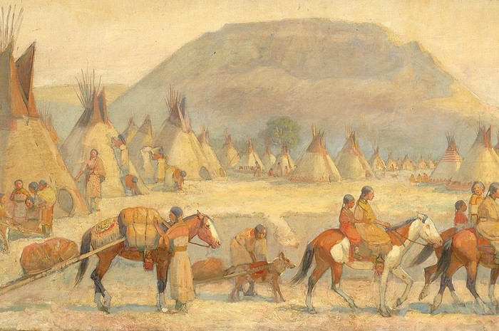 A depiction of the Native North American Blackfoot camp set against the plains landscape. Tipis, riders, and figures at work show the rhythm of daily life within a nomadic community whose culture centred on kinship, mobility, and the great bison herds of the northern plains.