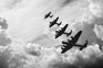 Black and white photo of Lancaster bombers in the Battle of Britain.