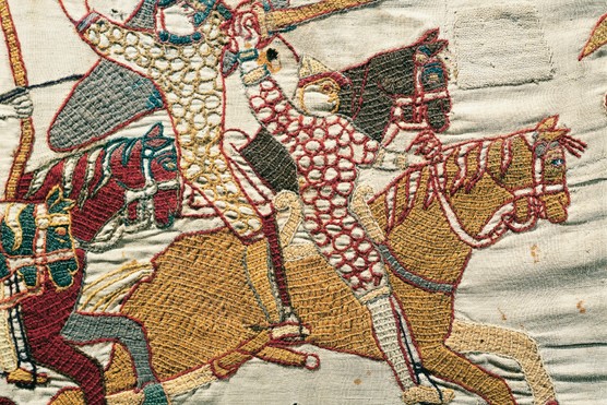 Norman cavalry on the charge in the Bayeux Tapestry. (Image by Bettmann/Getty Images) Norman cavalry on the charge in the Bayeux Tapestry. (Image by Bettmann/Getty Images)