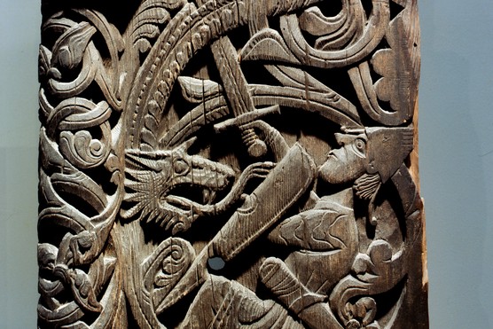 Detail of the carved portal of Hylestad stave church, 12th century. (Photo by Werner Forman/Universal Images Group/Getty Images)