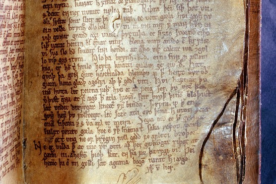 Old Norse: Page from the manuscript Codex Regius, which was written in Iceland and contains the poems of elder Edda. (Photo by Werner Forman/Universal Images Group/Getty Images)