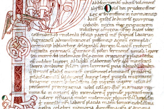 Guillaume de Jumieges, Cesta Normanorum, f° 116, letter with dropped initial, William the Conqueror receives the chronicler's manuscript, 11th century, France, Rouen, Bibliotheque Municipale. (Photo by Photo12/UIG/Getty Images) Guillaume de Jumieges, Cesta Normanorum, f° 116, letter with dropped initial, William the Conqueror receives the chronicler's manuscript, 11th century, France, Rouen, Bibliotheque Municipale.