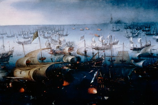 The Spanish Armada defeated in the English Channel in July 1588, by Hendrick Cornelis Vroom, c1600. (Picture by DEA PICTURE LIBRARY/Getty Images)